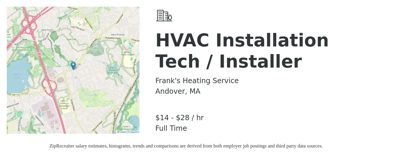 Frank's Heating Service job posting for a HVAC Installation Tech / Installer in Andover, MA with a salary of $15 to $30 Hourly with a map of Andover location.