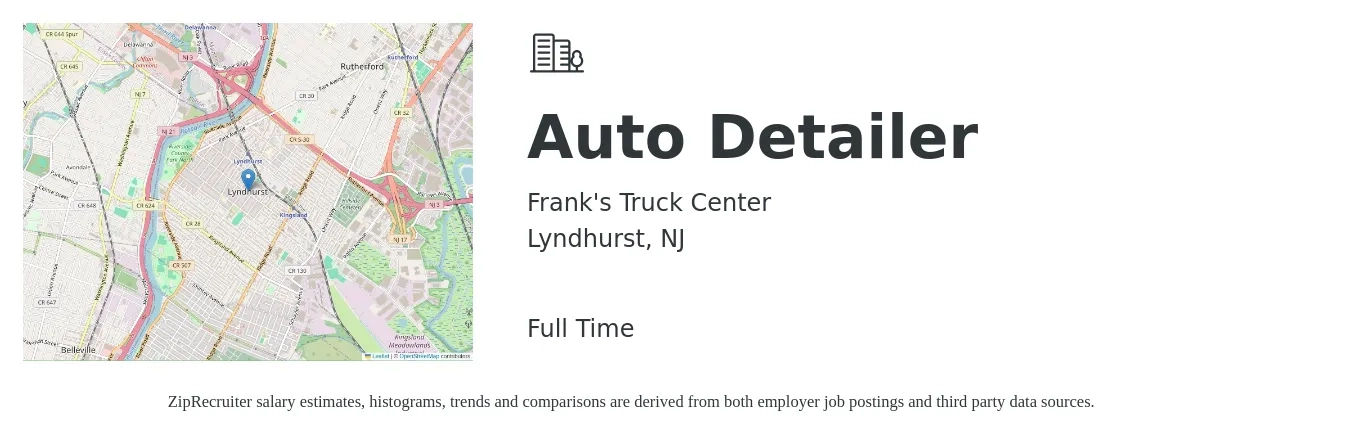 Frank's Truck Center job posting for a Auto Detailer in Lyndhurst, NJ with a salary of $15 to $18 Hourly with a map of Lyndhurst location.