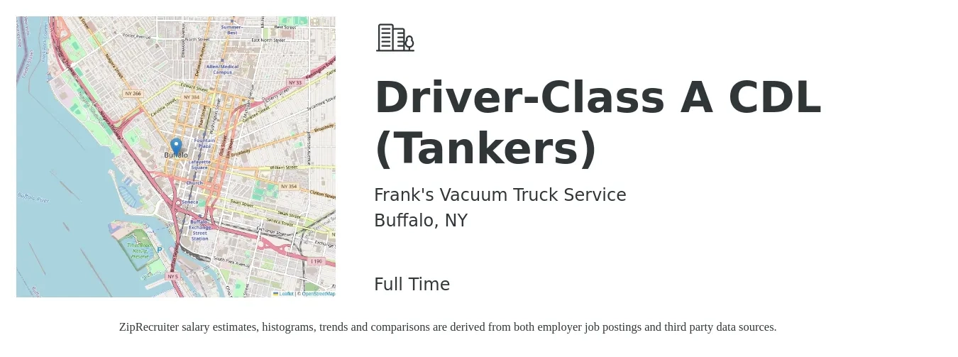 Frank's Vacuum Truck Service job posting for a Driver-Class A CDL (Tankers) in Buffalo, NY with a salary of $24 to $42 Hourly with a map of Buffalo location.