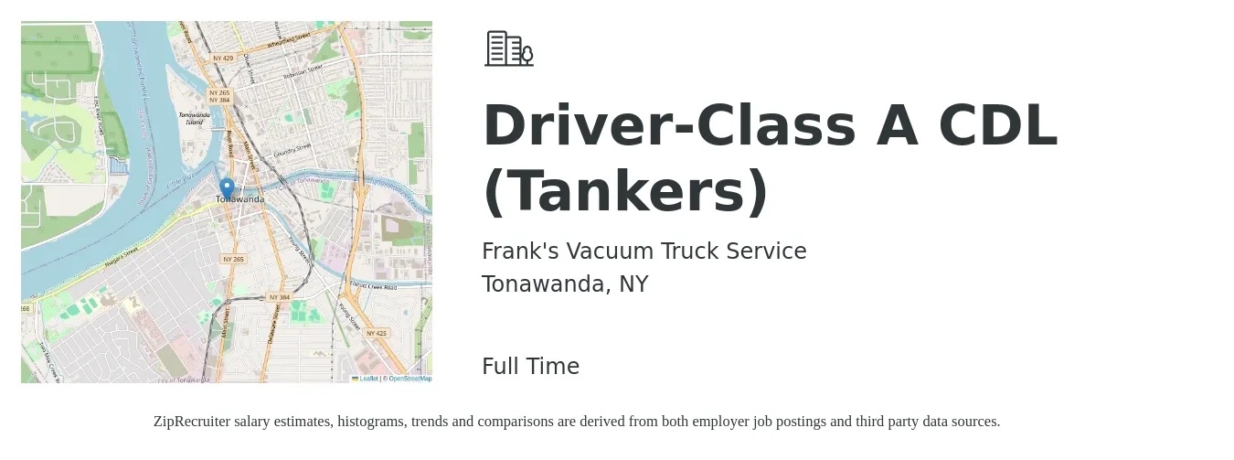 Frank's Vacuum Truck Service job posting for a Driver-Class A CDL (Tankers) in Tonawanda, NY with a salary of $24 to $41 Hourly with a map of Tonawanda location.
