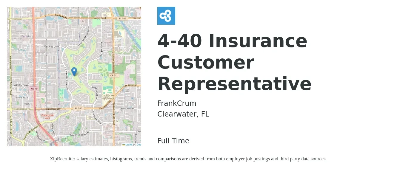 FrankCrum job posting for a 4-40 Insurance Customer Representative in Clearwater, FL with a salary of $41,000 to $55,800 Yearly with a map of Clearwater location.