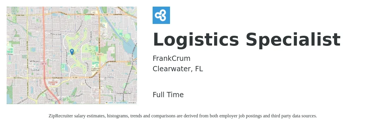 FrankCrum job posting for a Logistics Specialist in Clearwater, FL with a salary of $19 to $28 Hourly with a map of Clearwater location.
