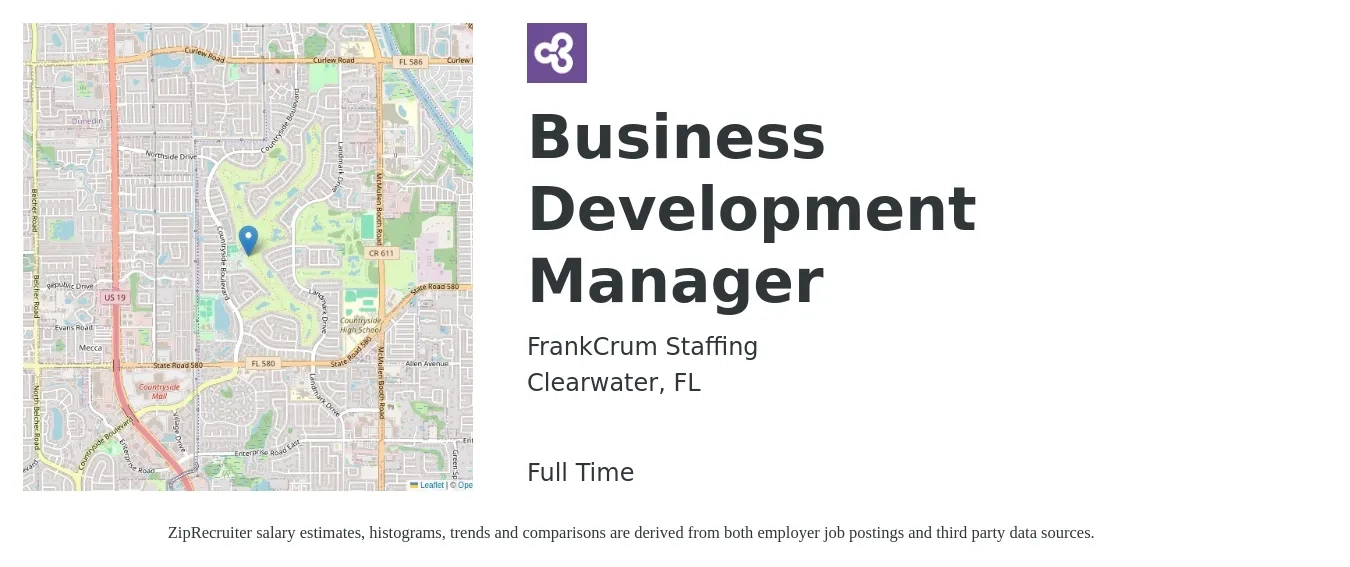 FrankCrum Staffing job posting for a Business Development Manager in Clearwater, FL with a salary of $53,800 to $88,300 Yearly with a map of Clearwater location.