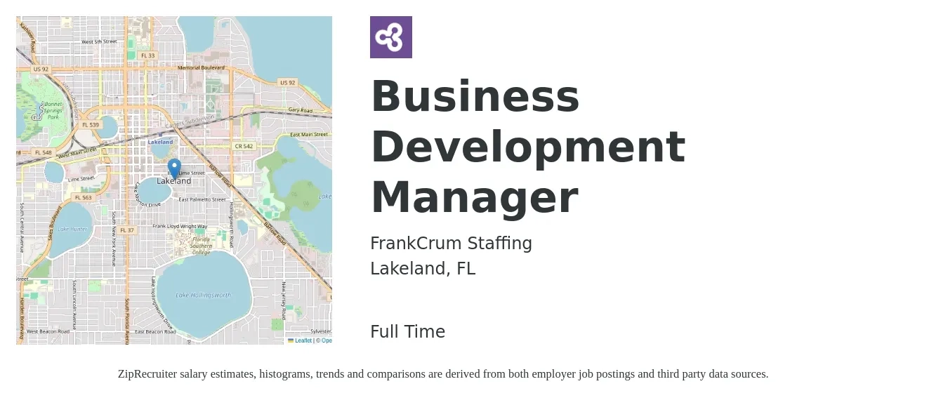 FrankCrum Staffing job posting for a Business Development Manager in Lakeland, FL with a salary of $54,700 to $89,600 Yearly with a map of Lakeland location.