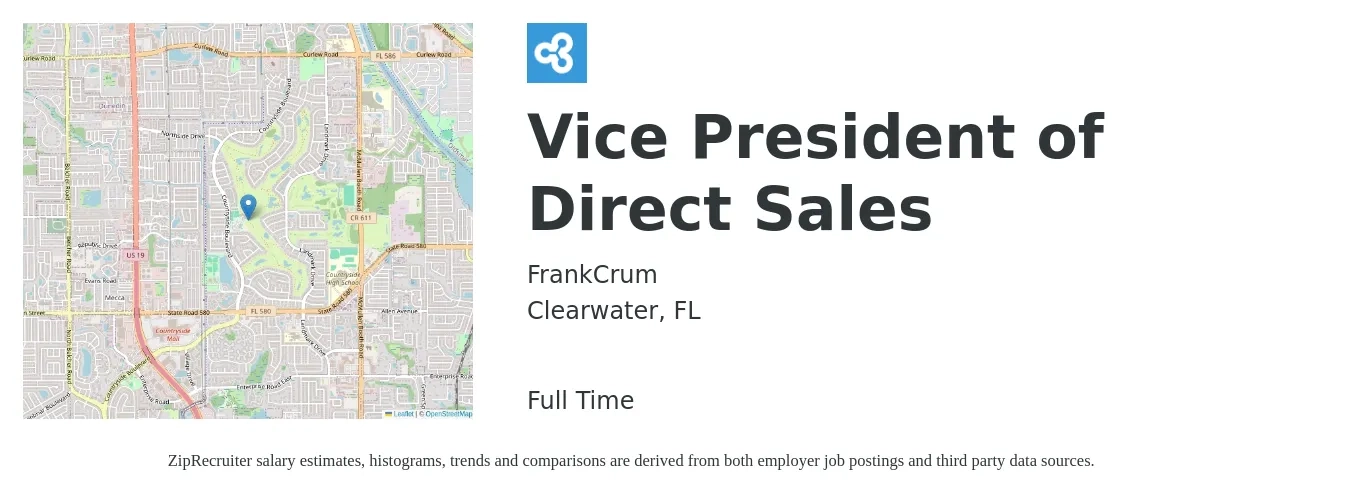 FrankCrum job posting for a Vice President of Direct Sales in Clearwater, FL with a salary of $115,200 to $179,700 Yearly with a map of Clearwater location.