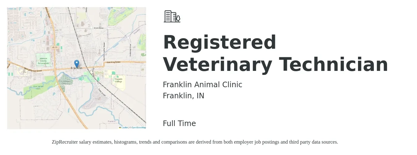 Franklin Animal Clinic job posting for a Registered Veterinary Technician in Franklin, IN with a salary of $17 to $24 Hourly with a map of Franklin location.