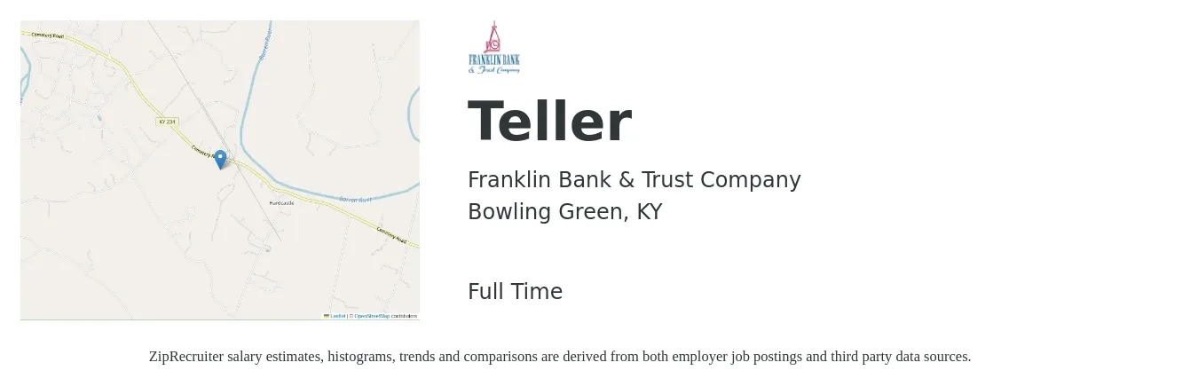 Franklin Bank & Trust Company job posting for a Teller in Bowling Green, KY with a salary of $14 to $17 Hourly with a map of Bowling Green location.