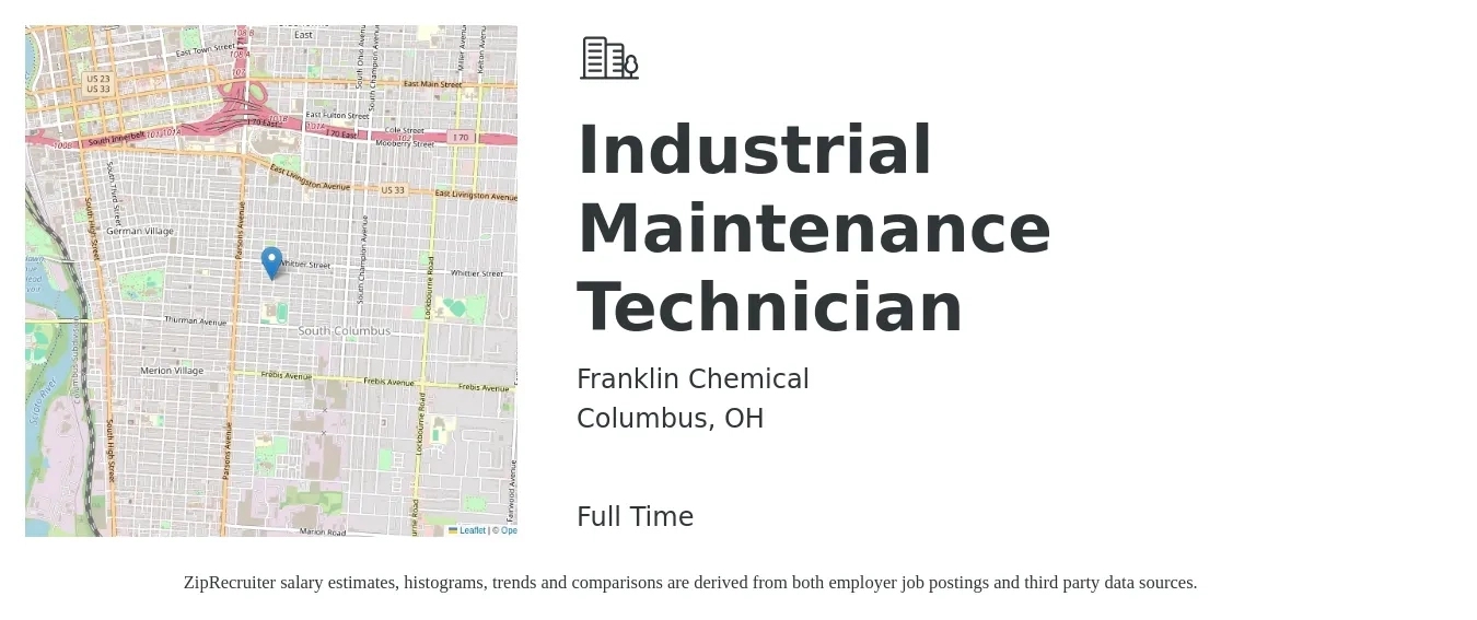 Franklin Chemical job posting for a Industrial Maintenance Technician in Columbus, OH with a salary of $29 to $34 Hourly with a map of Columbus location.