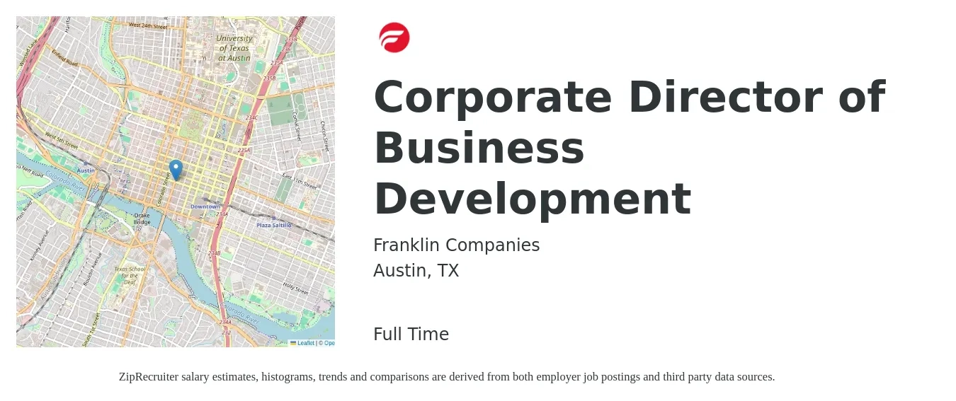 Franklin Companies job posting for a Corporate Director of Business Development in Austin, TX with a salary of $92,700 to $150,200 Yearly with a map of Austin location.