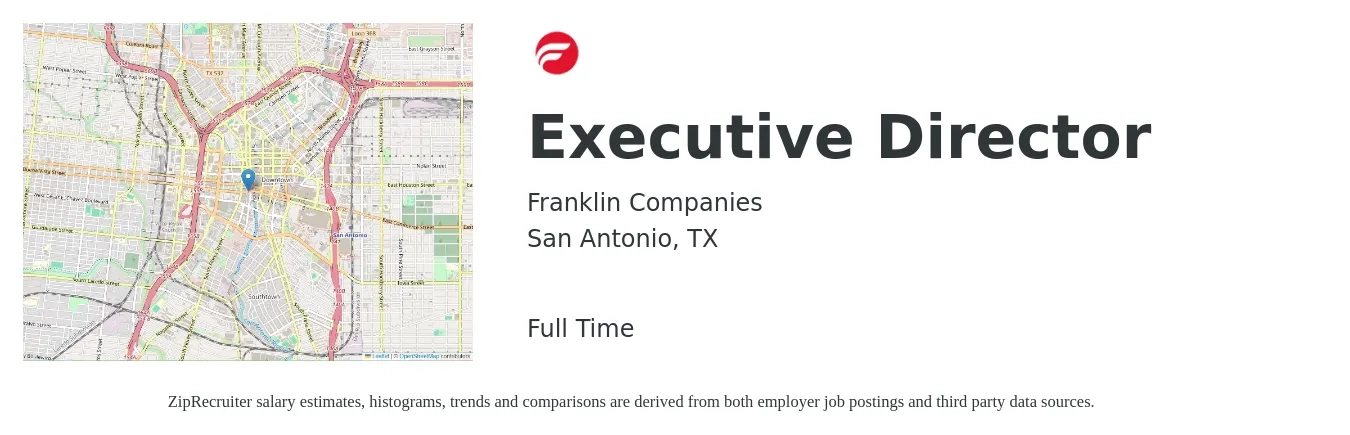 Franklin Companies job posting for a Executive Director in San Antonio, TX with a salary of $71,300 to $97,900 Yearly with a map of San Antonio location.