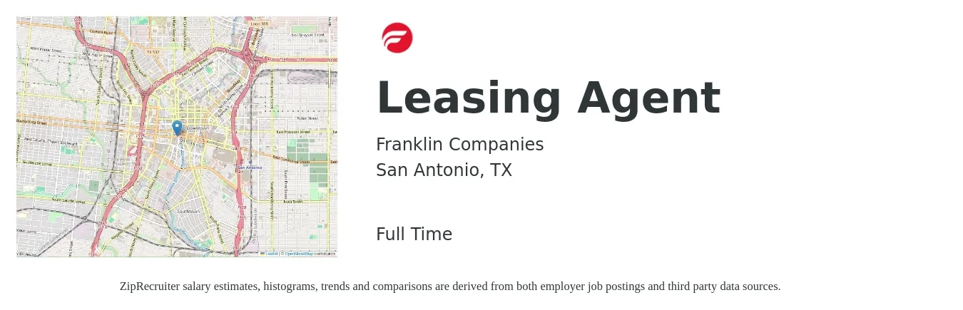Franklin Companies job posting for a Leasing Agent in San Antonio, TX with a salary of $15 to $18 Hourly with a map of San Antonio location.