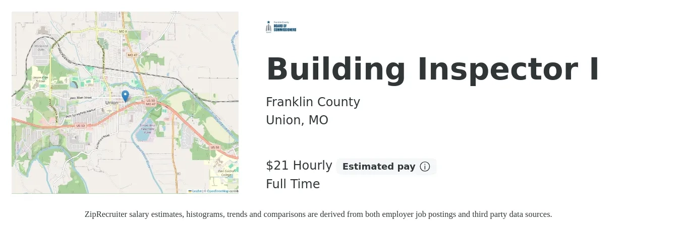 Franklin County job posting for a Building Inspector I in Union, MO with a salary of $23 Hourly with a map of Union location.