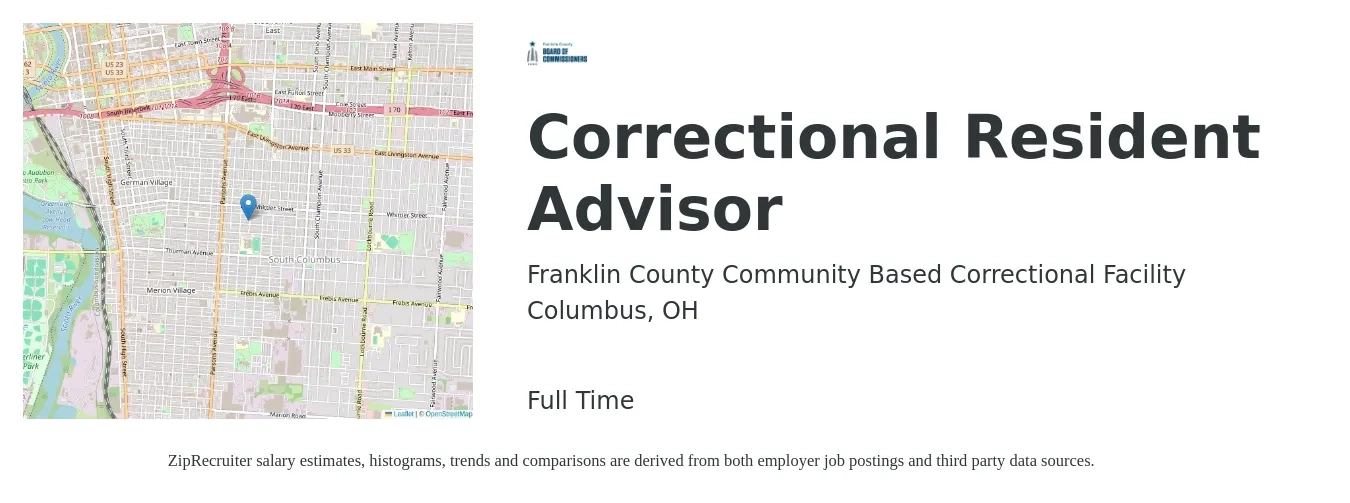 Franklin County Community Based Correctional Facility job posting for a Correctional Resident Advisor in Columbus, OH with a salary of $20 Hourly with a map of Columbus location.
