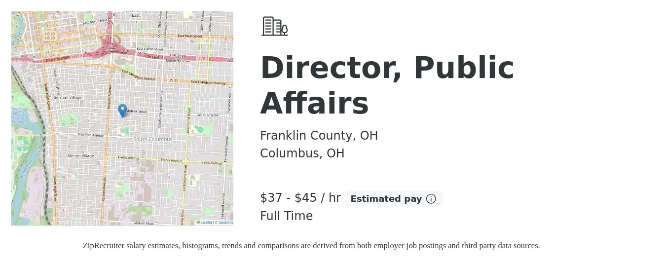 Franklin County, OH job posting for a Director, Public Affairs in Columbus, OH with a salary of $39 to $47 Hourly with a map of Columbus location.