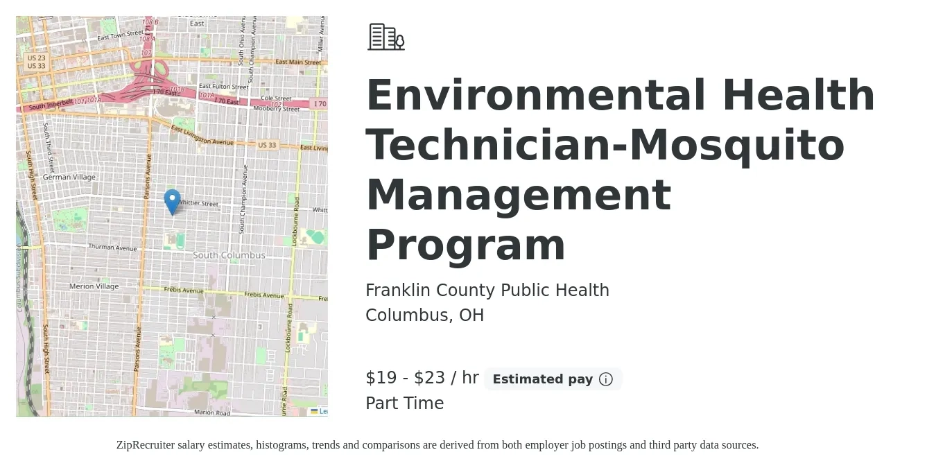 Franklin County Public Health job posting for a Environmental Health Technician-Mosquito Management Program in Columbus, OH with a salary of $20 to $24 Hourly with a map of Columbus location.