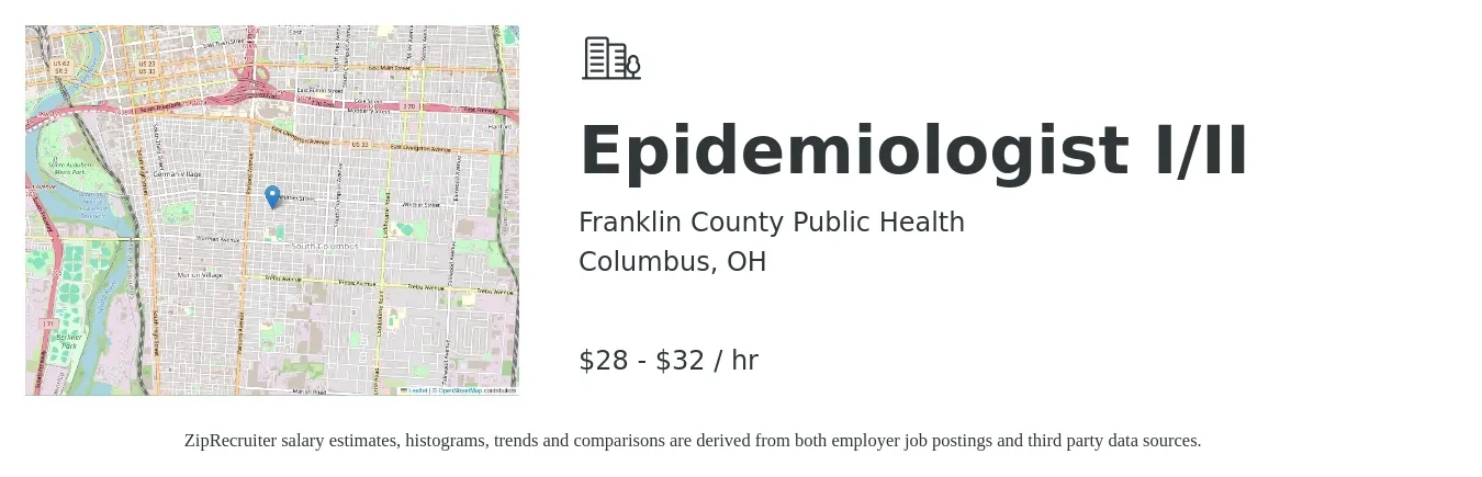 Franklin County Public Health job posting for a Epidemiologist I/II in Columbus, OH with a salary of $30 to $34 Hourly with a map of Columbus location.