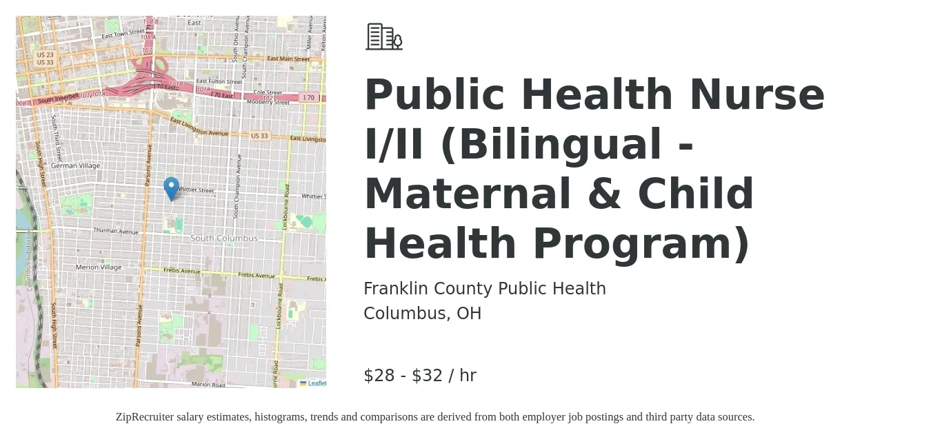Franklin County Public Health job posting for a Public Health Nurse I/II (Bilingual - Maternal & Child Health Program) in Columbus, OH with a salary of $28 to $32 Hourly with a map of Columbus location.