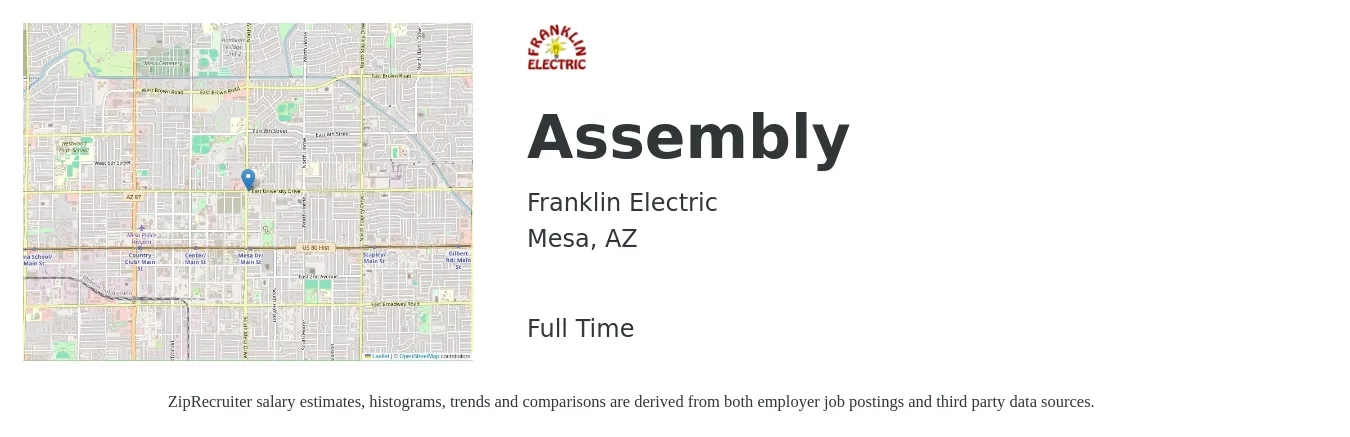 Franklin Electric job posting for a Assembly in Mesa, AZ with a salary of $15 to $18 Hourly with a map of Mesa location.