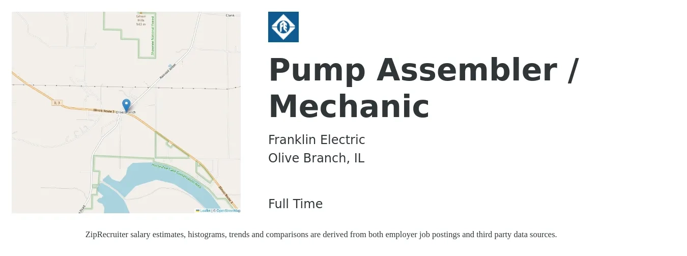 Franklin Electric job posting for a Pump Assembler / Mechanic in Olive Branch, IL with a salary of $16 to $20 Hourly with a map of Olive Branch location.