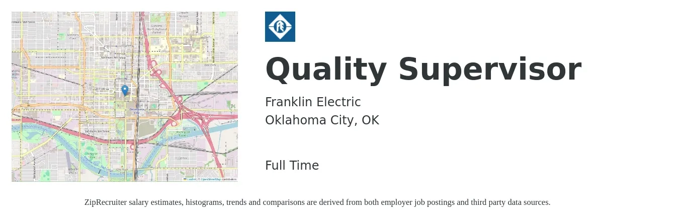 Franklin Electric job posting for a Quality Supervisor in Oklahoma City, OK with a salary of $65,500 to $102,200 Yearly with a map of Oklahoma City location.