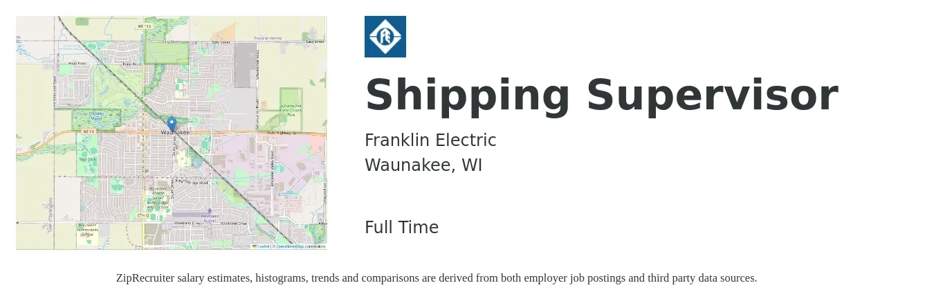Franklin Electric job posting for a Shipping Supervisor in Waunakee, WI with a salary of $22 to $34 Hourly with a map of Waunakee location.