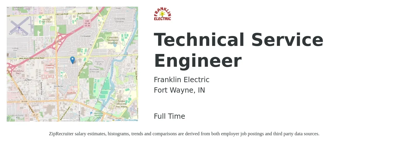 Franklin Electric job posting for a Technical Service Engineer in Fort Wayne, IN with a salary of $97,700 to $141,100 Yearly with a map of Fort Wayne location.