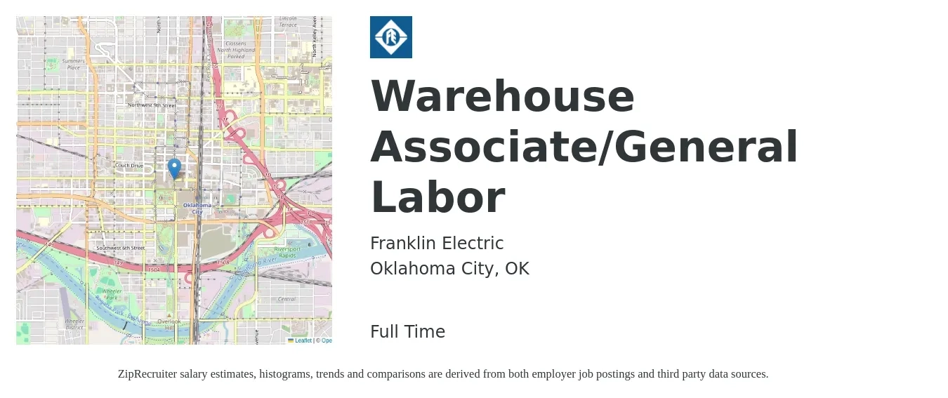 Franklin Electric job posting for a Warehouse Associate/General Labor in Oklahoma City, OK with a salary of $14 to $17 Hourly with a map of Oklahoma City location.