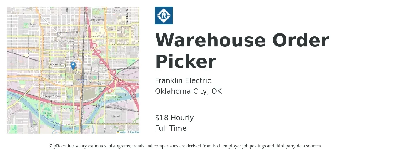 Franklin Electric job posting for a Warehouse Order Picker in Oklahoma City, OK with a salary of $15 to $18 Hourly with a map of Oklahoma City location.