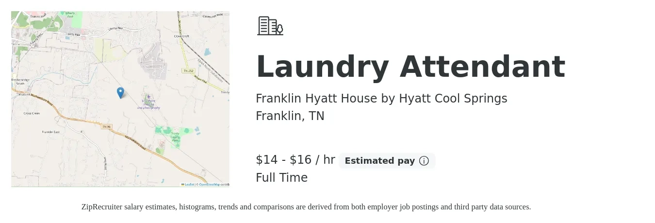 Franklin Hyatt House by Hyatt Cool Springs job posting for a Laundry Attendant in Franklin, TN with a salary of $15 to $17 Hourly with a map of Franklin location.