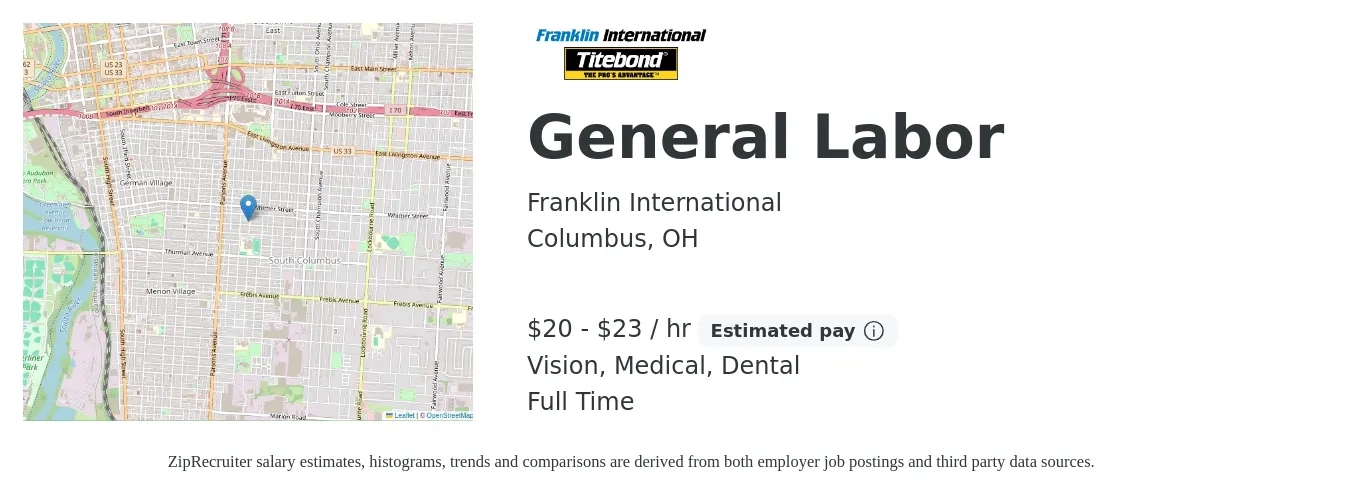 Franklin International job posting for a General Labor in Columbus, OH with a salary of $21 to $24 Hourly and benefits including medical, retirement, vision, dental, and life_insurance with a map of Columbus location.