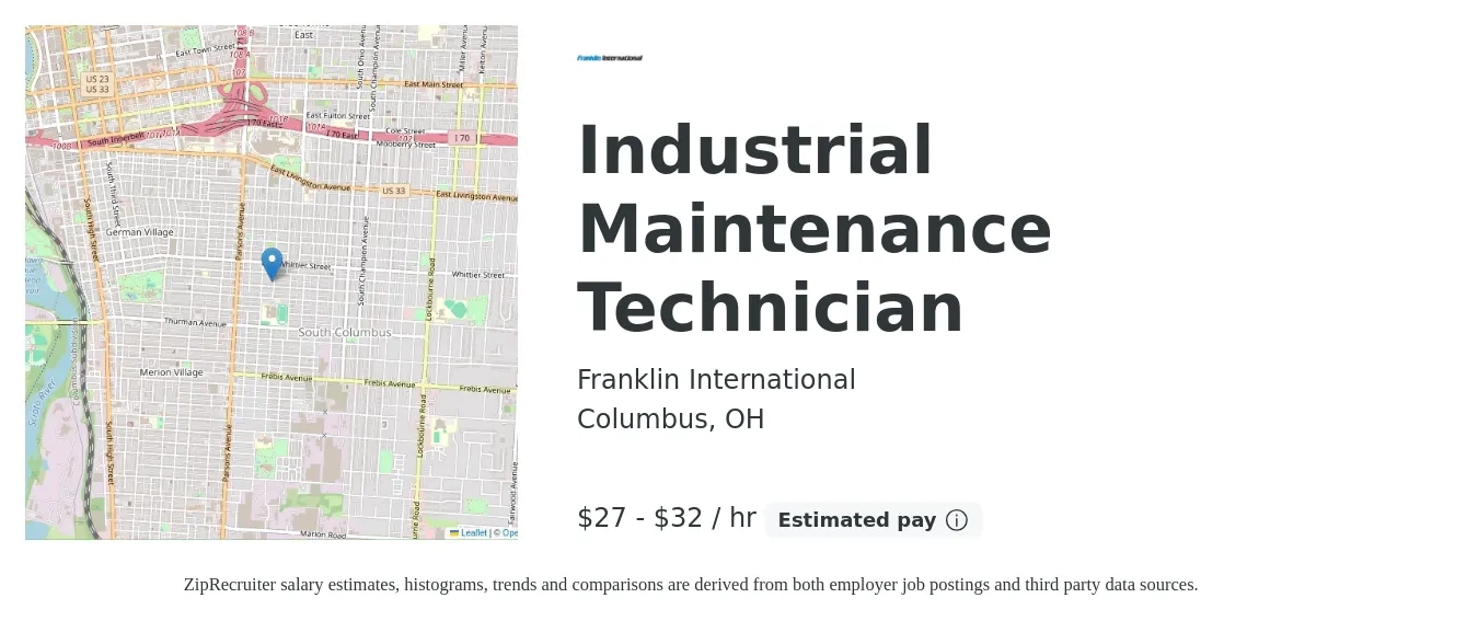Franklin International job posting for a Industrial Maintenance Technician in Columbus, OH with a salary of $29 to $34 Hourly with a map of Columbus location.