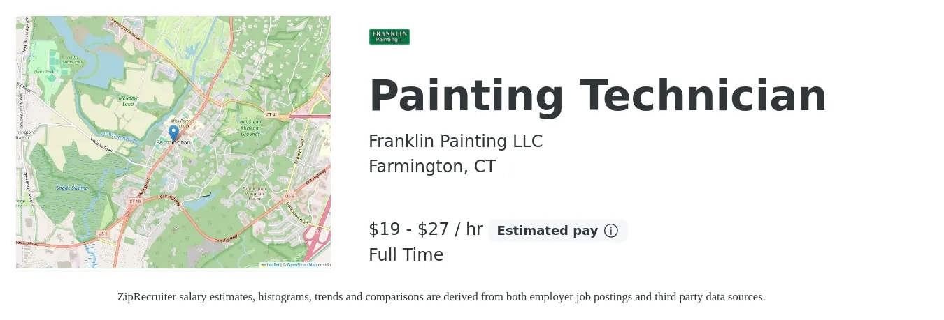 Franklin Painting LLC job posting for a Painting Technician in Farmington, CT with a salary of $20 to $29 Hourly with a map of Farmington location.