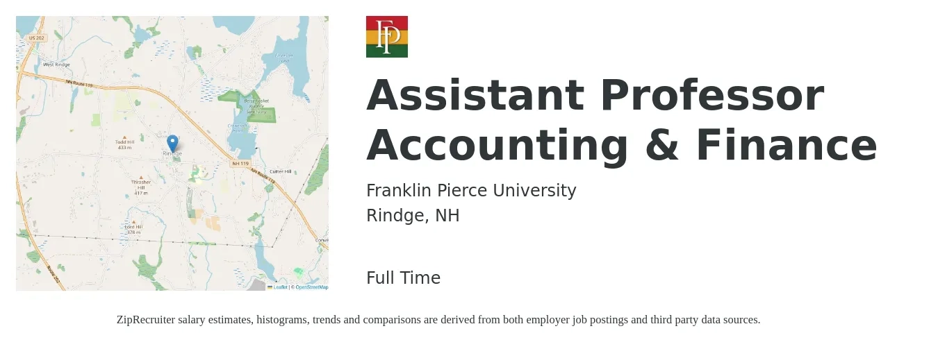 Franklin Pierce University job posting for a Assistant Professor Accounting & Finance in Rindge, NH with a salary of $59,000 to $89,900 Yearly with a map of Rindge location.