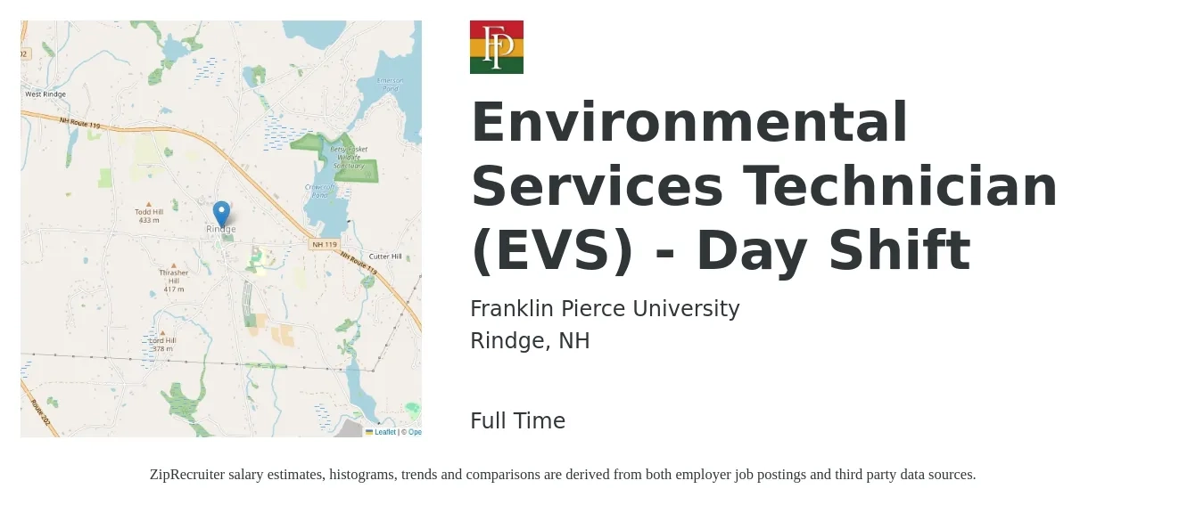 Franklin Pierce University job posting for a Environmental Services Technician (EVS) - Day Shift in Rindge, NH with a salary of $16 to $20 Hourly with a map of Rindge location.