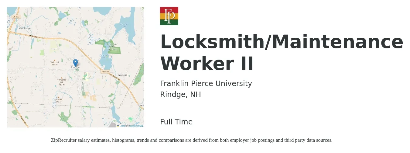 Franklin Pierce University job posting for a Locksmith/Maintenance Worker II in Rindge, NH with a salary of $22 to $31 Hourly with a map of Rindge location.