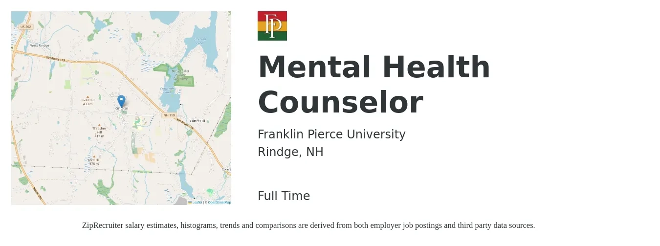 Franklin Pierce University job posting for a Mental Health Counselor in Rindge, NH with a salary of $46,200 to $71,300 Yearly with a map of Rindge location.