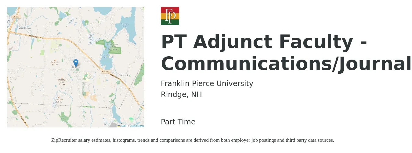 Franklin Pierce University job posting for a PT Adjunct Faculty - Communications/Journalism in Rindge, NH with a salary of $36 to $69 Hourly with a map of Rindge location.