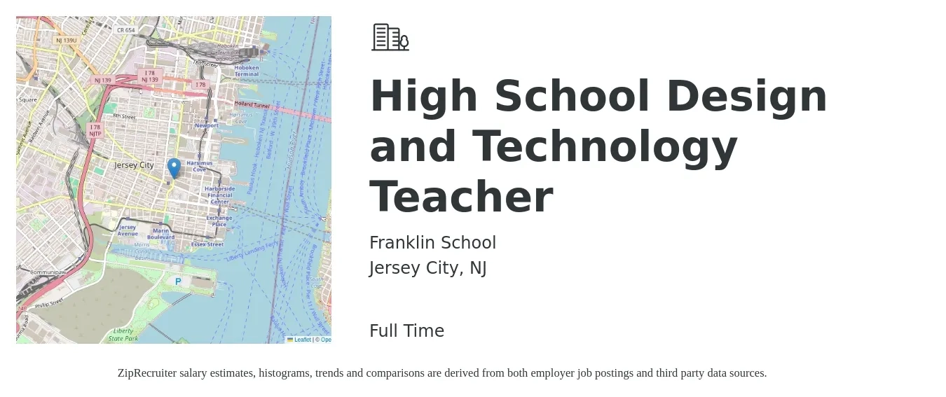 Franklin School job posting for a High School Design and Technology Teacher in Jersey City, NJ with a salary of $60,000 to $120,000 Yearly with a map of Jersey City location.