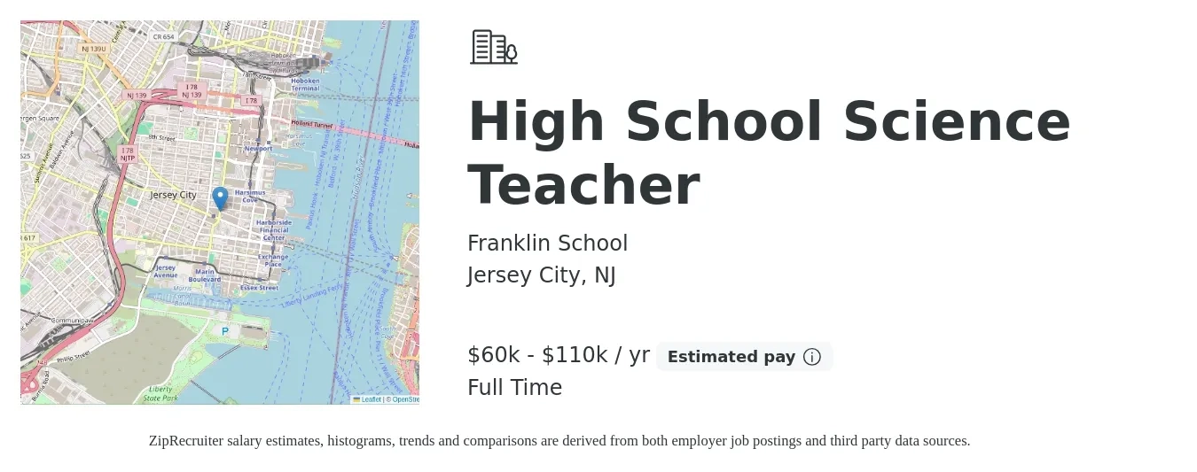 Franklin School job posting for a High School Science Teacher in Jersey City, NJ with a salary of $60,000 to $110,000 Yearly with a map of Jersey City location.