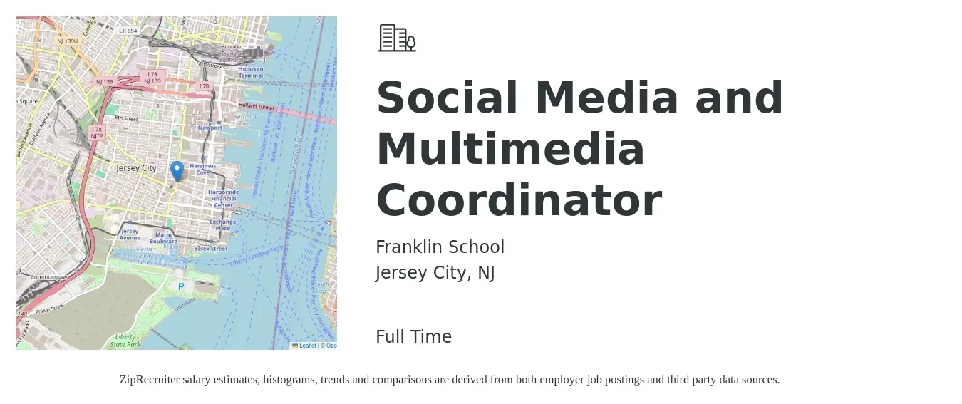 Franklin School job posting for a Social Media and Multimedia Coordinator in Jersey City, NJ with a salary of $22 to $30 Hourly with a map of Jersey City location.