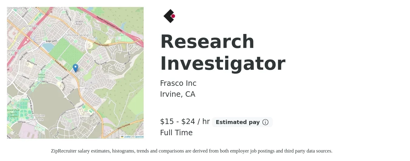Frasco Inc job posting for a Research Investigator in Irvine, CA with a salary of $16 to $25 Hourly with a map of Irvine location.