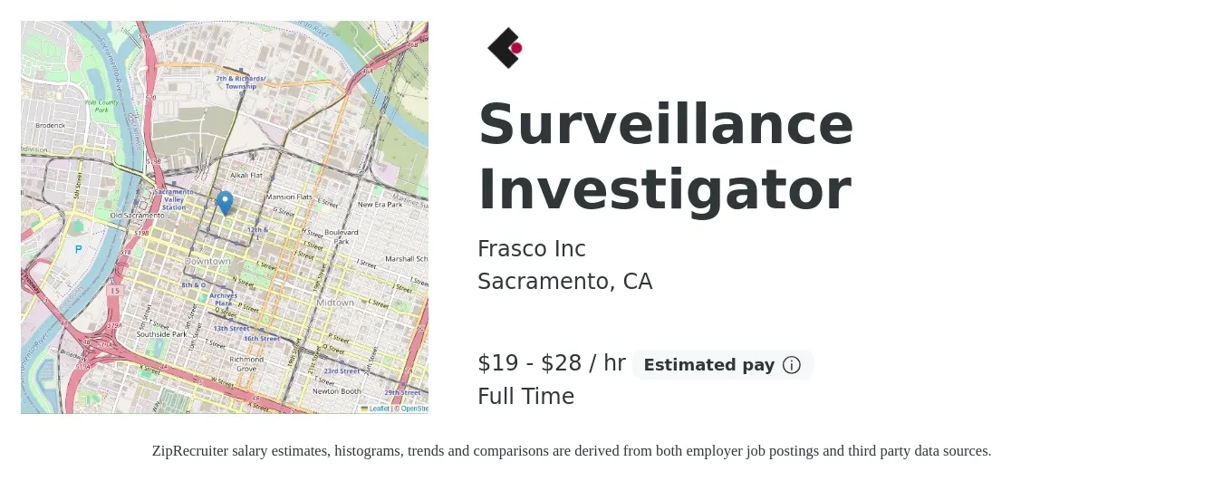 Frasco Inc job posting for a Surveillance Investigator in Sacramento, CA with a salary of $20 to $30 Hourly with a map of Sacramento location.