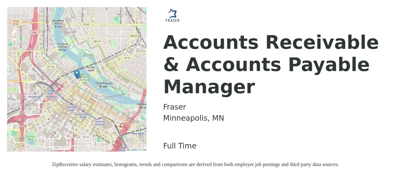 Fraser job posting for a Accounts Receivable & Accounts Payable Manager in Minneapolis, MN with a salary of $62,100 to $91,300 Yearly with a map of Minneapolis location.