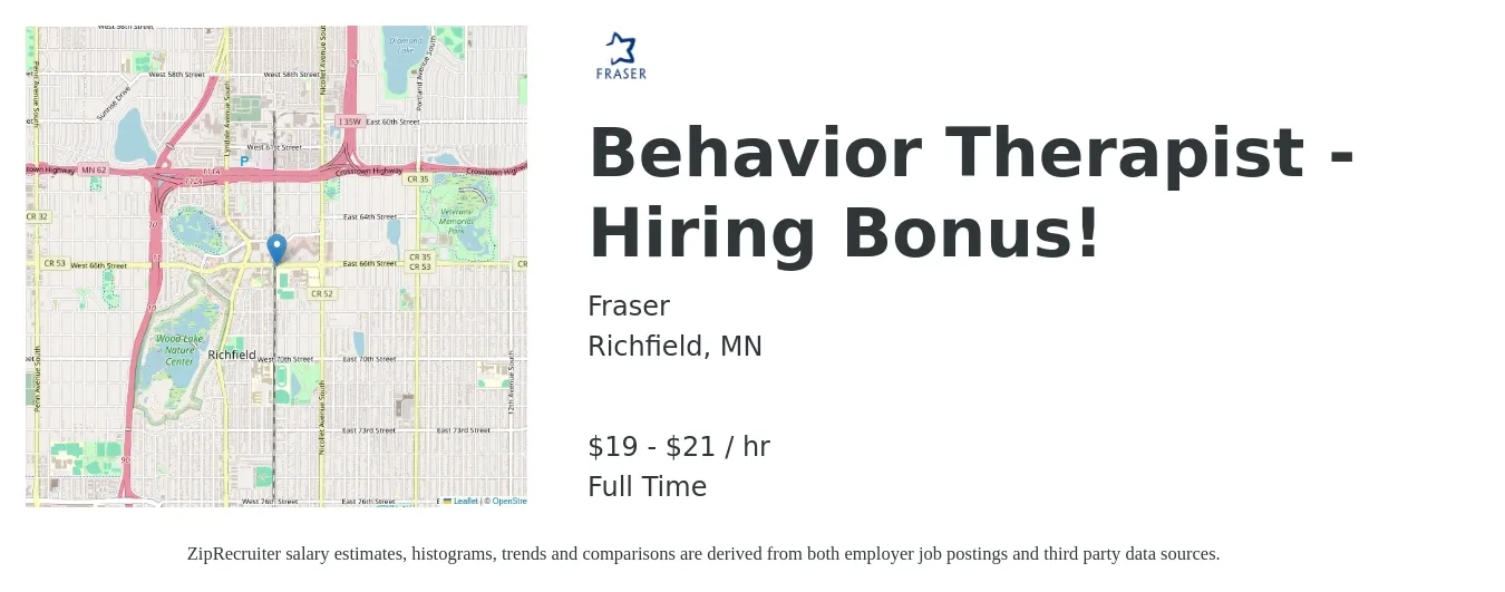 Fraser job posting for a Behavior Therapist - Hiring Bonus! in Richfield, MN with a salary of $20 to $22 Hourly with a map of Richfield location.
