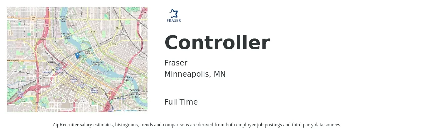 Fraser job posting for a Controller in Minneapolis, MN with a salary of $101,200 to $144,600 Yearly with a map of Minneapolis location.