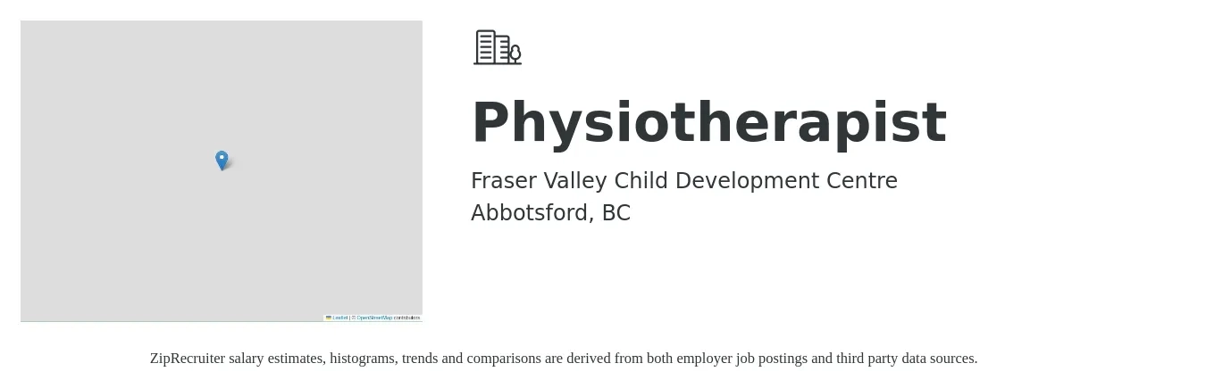 Fraser Valley Child Development Centre job posting for a Physiotherapist in Abbotsford, BC with a salary of $43 to $53 Hourly with a map of Abbotsford location.