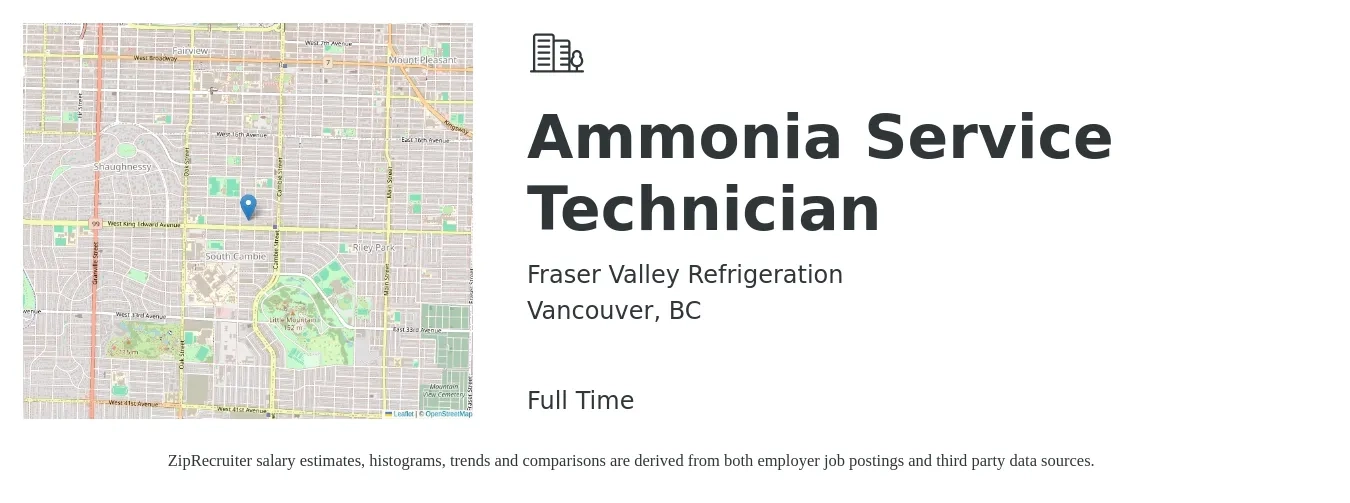 Fraser Valley Refrigeration job posting for a Ammonia Service Technician in Vancouver, BC with a map of Vancouver location.
