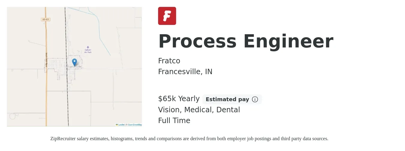 Fratco job posting for a Process Engineer in Francesville, IN with a salary of $65,000 Yearly and benefits including dental, life_insurance, medical, retirement, and vision with a map of Francesville location.