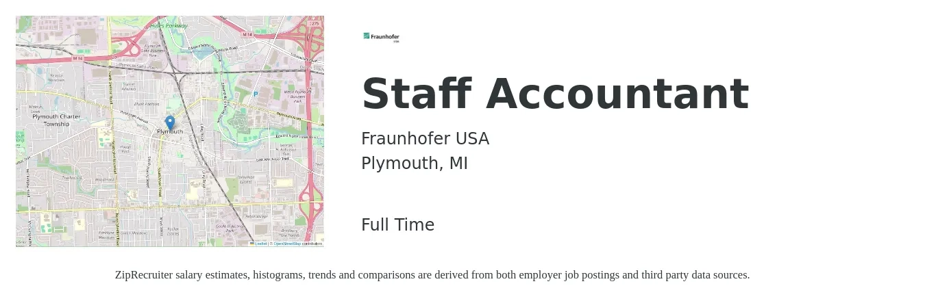 Fraunhofer USA job posting for a Staff Accountant in Plymouth, MI with a salary of $52,400 to $69,000 Yearly with a map of Plymouth location.