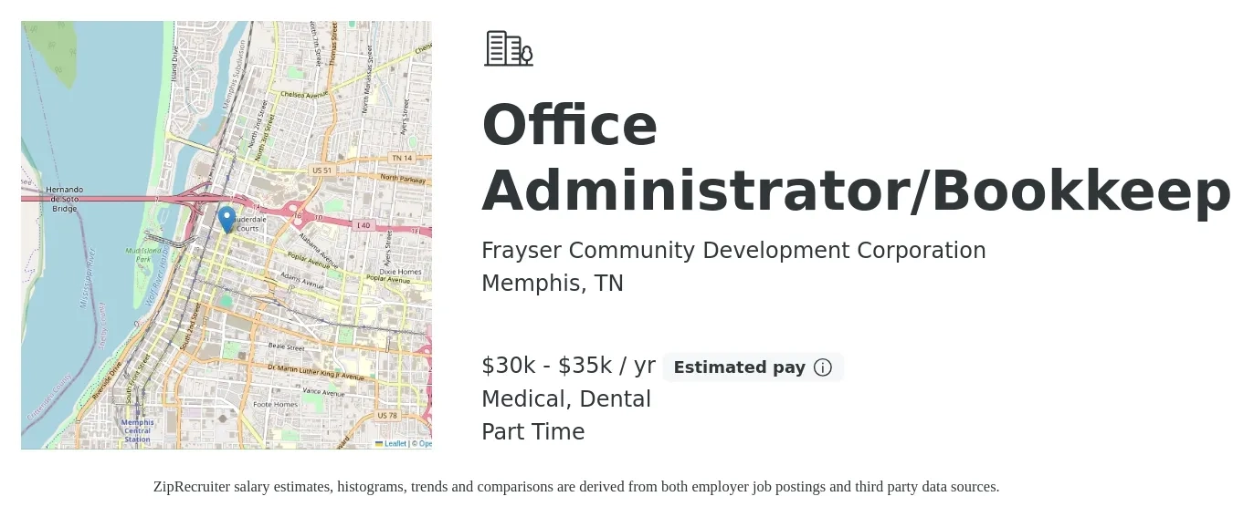 Frayser Community Development Corporation job posting for a Office Administrator/Bookkeeper in Memphis, TN with a salary of $30,000 to $35,000 Yearly and benefits including dental, life_insurance, medical, pto, and retirement with a map of Memphis location.
